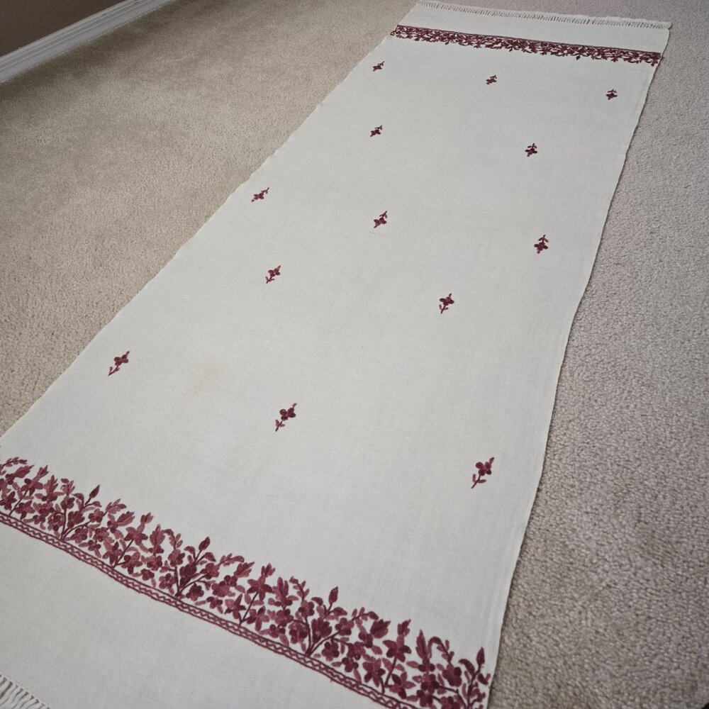 Woven Wool Scarf with Burgundy Pink Purple Embroidered Flowers and Unique Hem - Picture 8 of 11